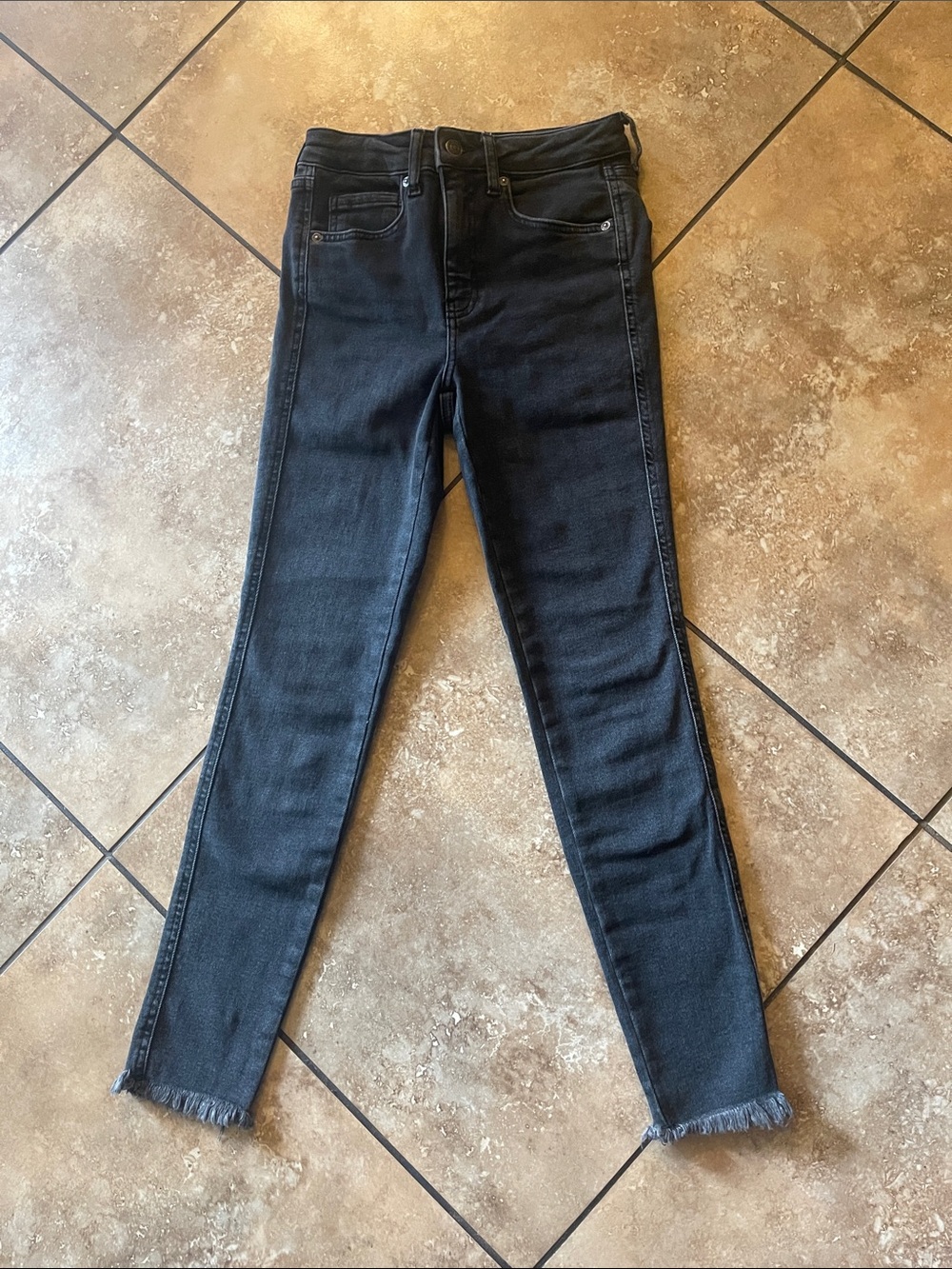 Free People  Black Wash High Rise Skinny Jeans with Raw Frayed Hem